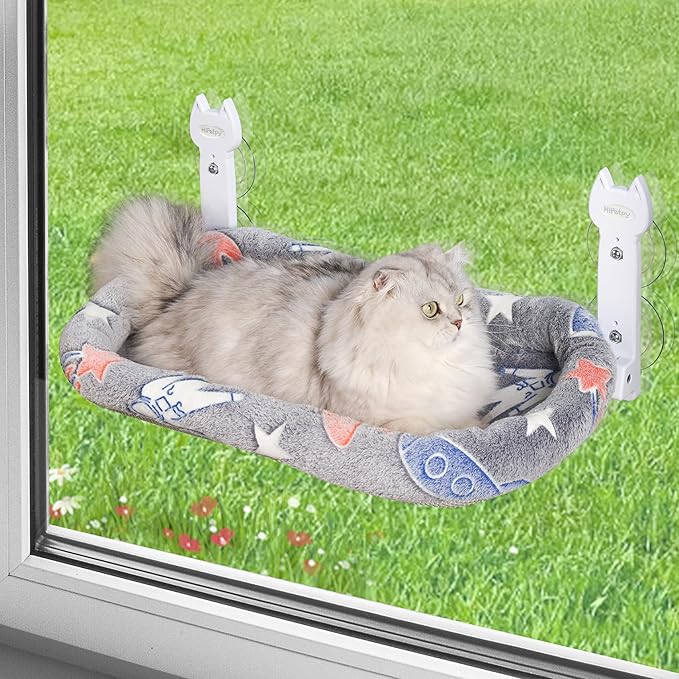 Cat Window Perch, Glow in The Dark Foldable Cat Hammock with Cozy Pad Bed, Breathable Cordless Window Seat with Stud Metal Frame for Large Cats and Kitten (Cushion Bed, 1 Pack - M)