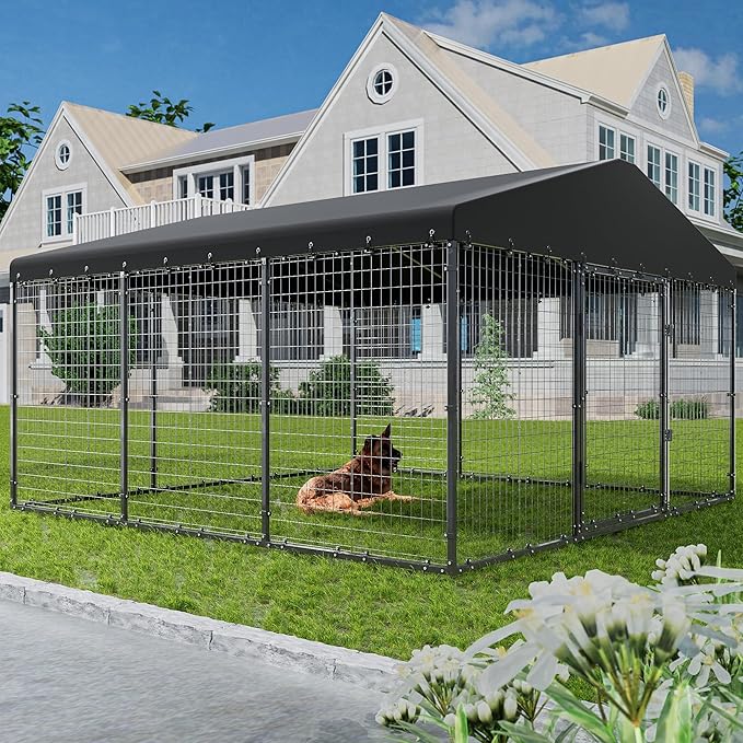 Dog Kennel Outdoor, 10x10x6 FT Heavy Duty Dog Pens Outside with UV & Water Resistant Roof, Large Dog Fence for Yard Metal Chicken Run with Double Locks