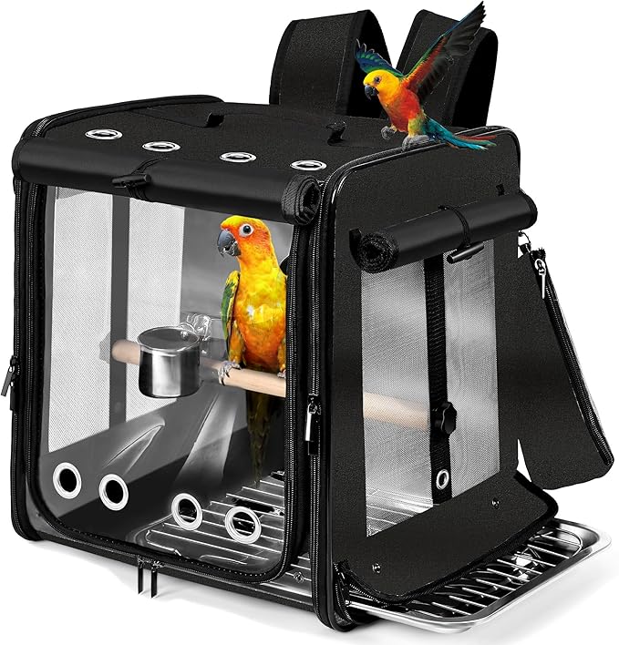 Suertree Bird Carrier with Seat Belt for Car Travel, Bird Backpack Carrier with Indestructible Stainless Steel Mesh, Large Bird Carrier Travel Cage, Black