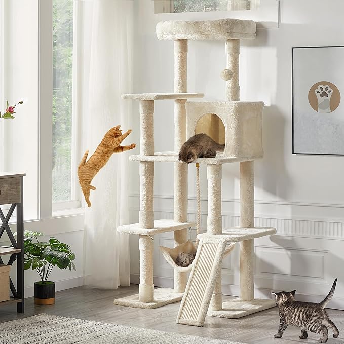 Yaheetech Cat Tree, 63 Inches Multi-Level Indoor Cat Play Structure with Scratching Posts, Hammock, and Dangling Ball