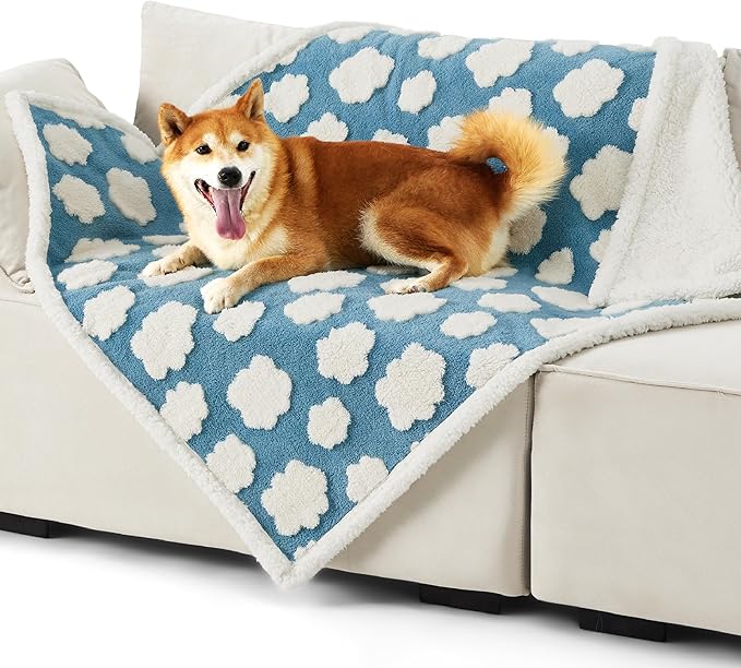 LE SURE Waterproof Dog Blanket for Large Dogs - Washable Double Sided Dog Blankets with Warm Jacquard Shag and Soft Sherpa Fleece, Pet Cat Blanket for Couch Protection, 3D Textured Cloud, Blue