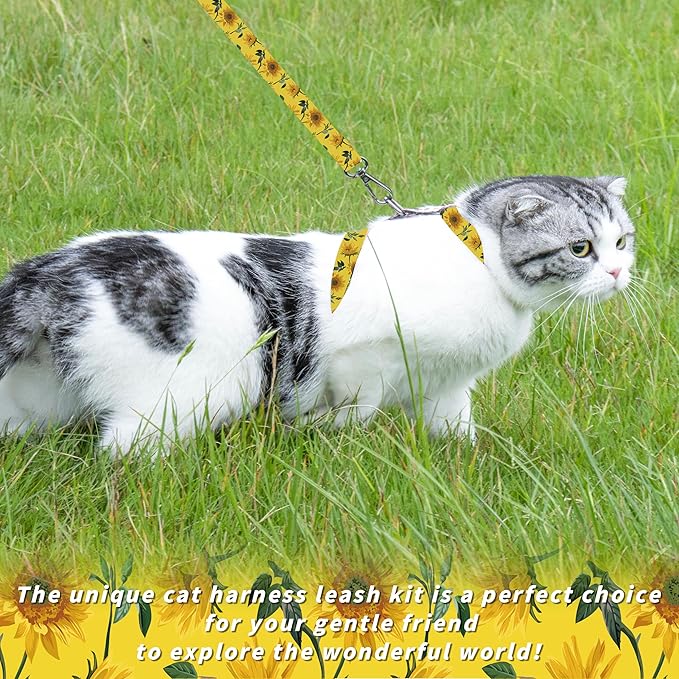Cat Harness and Leash Set, Adjustable Kitten Harness Escape Proof Cats Harness, Soft Lightweight Walking Travel Pet Harness, Cute Kitty Harness Leash Set for Small Medium Cats, Yellow Sunflower