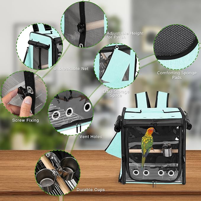 Suertree Bird Carrier with Seat Belt for Car Travel, Bird Backpack Carrier with Indestructible Stainless Steel Mesh, Large Bird Carrier Travel Cage, Green