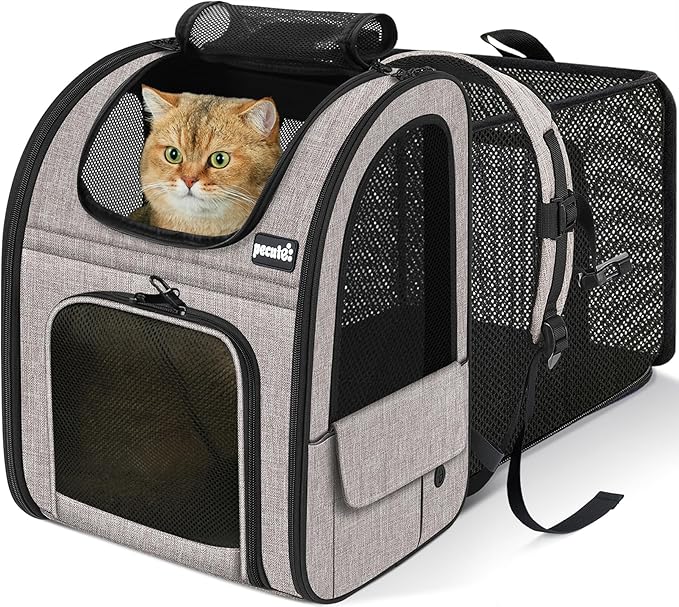 Pecute Cat Backpack Carrier Expandable, Pet Backpack for Cats & Small Dogs Up to 11lbs, with 4-Side Breathable Mesh, Multi-Entry & Lockable Zippers for Travel, Hiking, Camping - Hands Free, Khaki