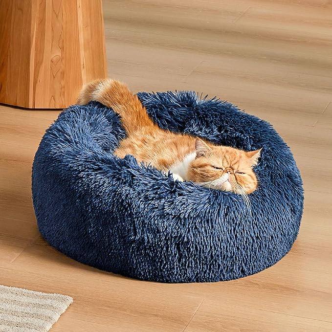 Bedsure Calming Cat Beds for Indoor Cats - Small Cat Bed Washable 20 inches, Anti-Slip Round Fluffy Plush Faux Fur Pet Bed, Fits up to 15 lbs Pets, Navy