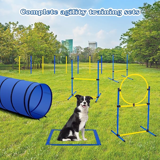 Dog Agility Course Backyard Set，Dog Agility Equipment, Dog Obstacle Course Backyard With 2-Set Agility Hurdle ，Jump Ring, 8 Weave Poles, Tunnel, Pause Box, Toy Balls And 2 Portable Carrying Bags