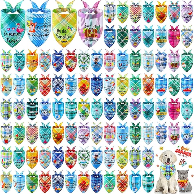 Sweetude 100 Pcs Summer Plaid Dog Bandana Bulk with Sayings Hawaii Bandana Pet Scarf Triangle Bibs Washable Puppy Kerchief Adjustable Grooming Supplies for Small Medium Large Dog Cat Accessories