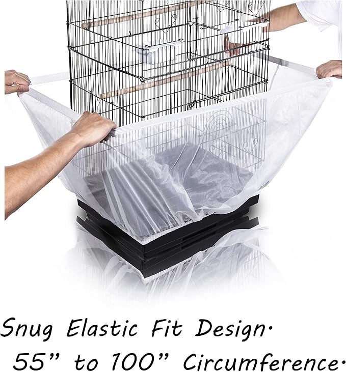 Tamu style Bird Cage Seed Catcher, Large, Stretchy Form Fitting Mesh Skirt Cover for Parrot Enclosures, Light and Breathable Fabric, Prevent Scatter and Mess, Reusable,Adjustable, Lightweight,Black