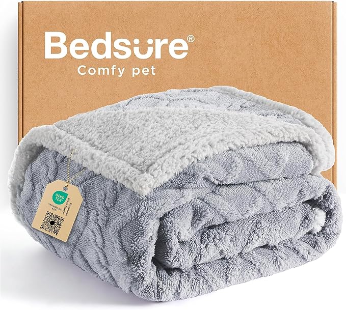 Bedsure Waterproof Dog Blankets for Large Dogs - Pet Blanket for Couch Protector Washable, Premium Jacquard Coral Fleece Cat Throw Blanket, Soft Plush Reversible Furniture Protection, 50"x60", Grey
