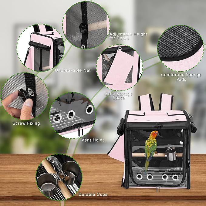 Suertree Bird Carrier with Seat Belt for Car Travel, Bird Backpack Carrier with Indestructible Stainless Steel Mesh, Large Bird Carrier Travel Cage, Pink