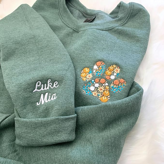 NAZENTI Custom Dog Mom Embroidered Sweatshirt with Pet Name on Sleeve, Fur Mama, Dog Lover Gifts