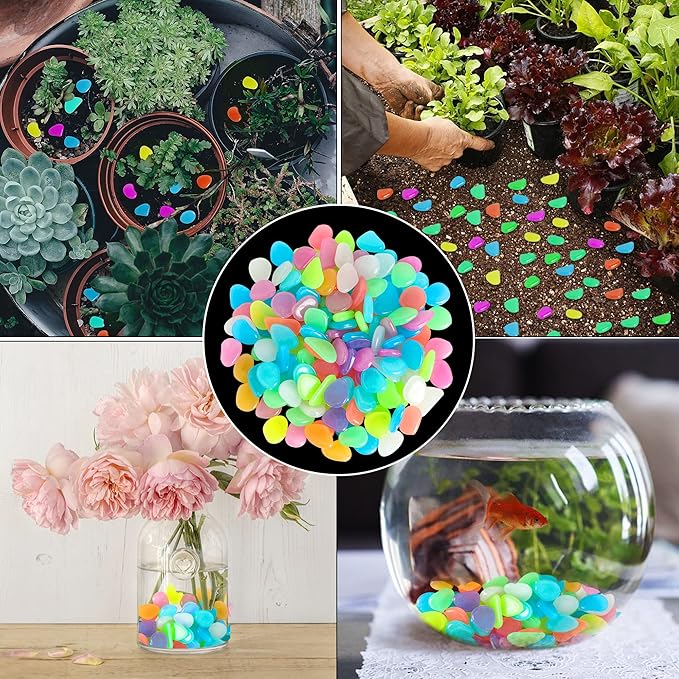 150 PCS Luminous Stones – Mixed Color Glow Rocks Decorations DIY Decorative Pebbles for Aquarium Fish Tank Sidewalk Garden Path Patio Terrace Lawn Yard Ornaments Colorful Cobbles Decor FD05MX150