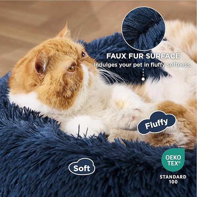 Bedsure Calming Cat Beds for Indoor Cats - Small Cat Bed Washable 20 inches, Anti-Slip Round Fluffy Plush Faux Fur Pet Bed, Fits up to 15 lbs Pets, Navy