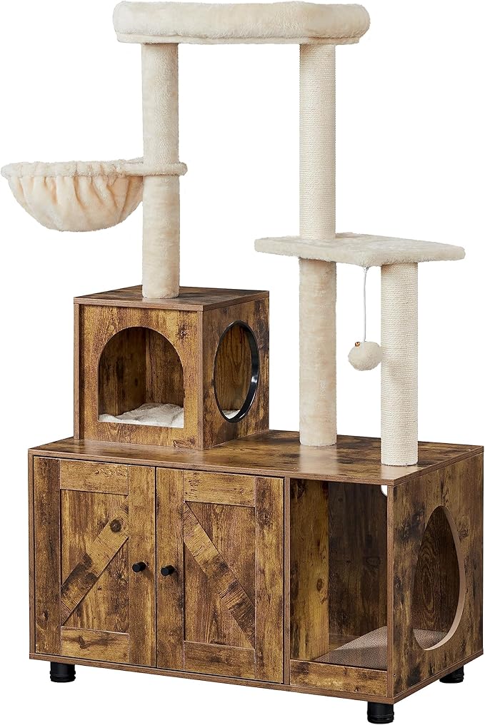 Yaheetech Litter Box Enclosure with Cat Tree, All-in-one Indoor Kitten House w/Scratching Posts, Wooden Cat Litter Box Furniture w/Condo, Platform, Rustic Brown/Beige