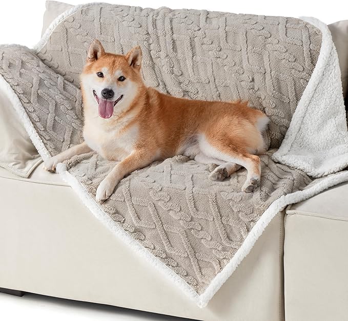 Bedsure Waterproof Dog Blankets for Large Dogs - Pet Blanket for Couch Protector Washable, Jacquard Coral Fleece Cat Throw Blanket, Soft Plush Reversible Furniture Protection, 40"x50", Pale Oak
