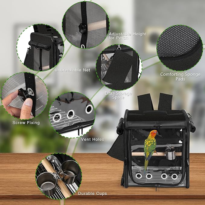 Suertree Bird Carrier with Seat Belt for Car Travel, Bird Backpack Carrier with Indestructible Stainless Steel Mesh, Large Bird Carrier Travel Cage, Black