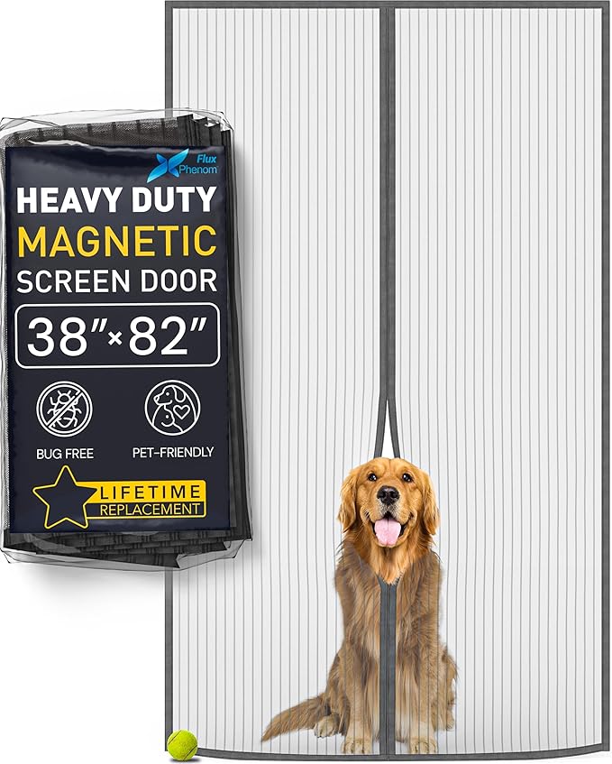 Flux Phenom Magnetic Screen Door Mesh 38x82 Inch – Easy Install, Strong Magnet Strength, Self-Sealing Mesh, Pet Tested, Hands-Free Entry, Doors Screen Magnetic Closure, Keeps Bugs Out - Gray