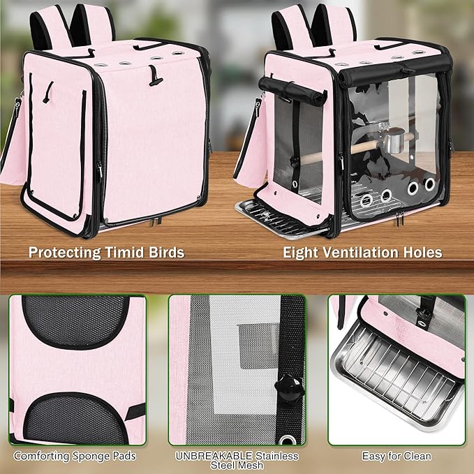 Suertree Bird Carrier with Seat Belt for Car Travel, Bird Backpack Carrier with Indestructible Stainless Steel Mesh, Large Bird Carrier Travel Cage, Pink