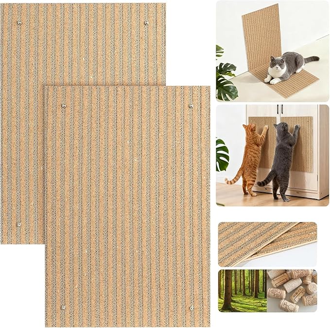Natural Cork cat Scratch pad for Cats-cat Scratching Posts-cat scratchers for Indoor Cats-cat Scratcher Furniture for Wall & Floor - Natural Cork & Cardboard Blend, No Mess Splinters Easy Clean-2-Pack