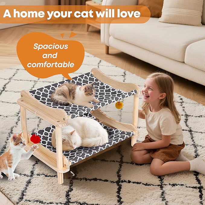 2-Layer Cat Hammock Bed, 24"x15.7"x16.3" Elevated Cat Bed with Pine Wood Frame, Breathable Washable Covers, Wooden Pet Furniture for Indoor Cats and Small Animals (Grey-2)