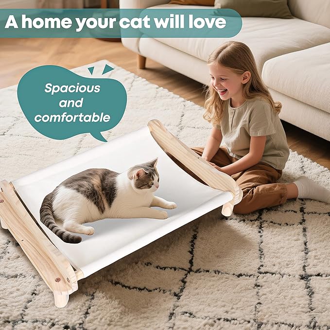 Elevated Wooden Cat Bed – 24"x15.7"x5.9" Breathable Hammock Pet Bed for Indoor/Outdoor Use, Raised Dog Lounger for Small Pets Like Kittens, Puppies, Rabbits, and Bunnies(White-1)