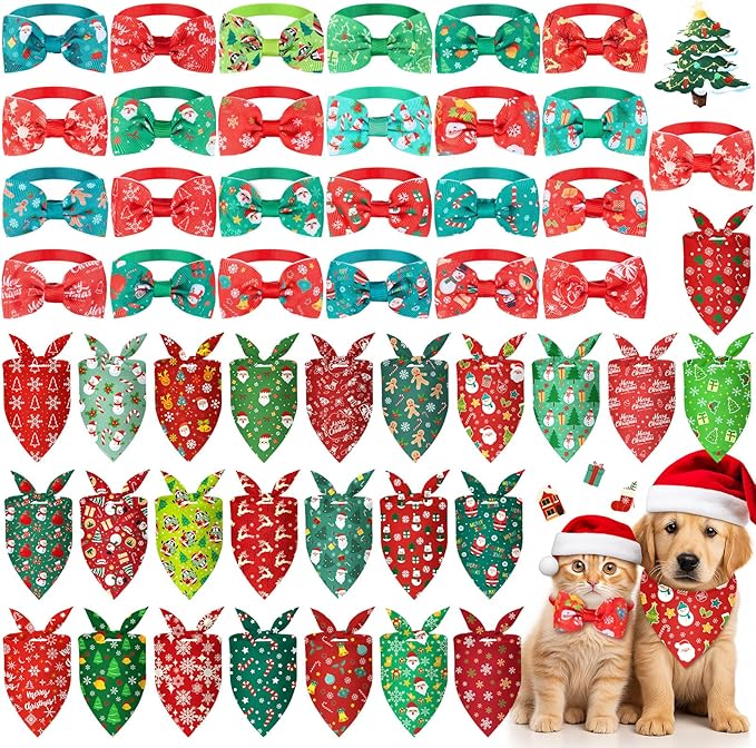 Sanwuta 50 Pcs Christmas Dog Bandanas and Collar Bow Ties Set 25 Bandanas Bulk 25 Xmas Charm Dog Collar Pet Triangle Pet Scarf Bowtie for Small Medium Large Holiday Costume