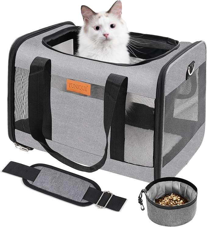 YUNIQUE Soft-Sided Cat & Dog Carrier for Pets Up to 15 Lbs, Airline Approved Collapsible Travel Puppy Carrier with Lightweight Fabric Design (Grey)