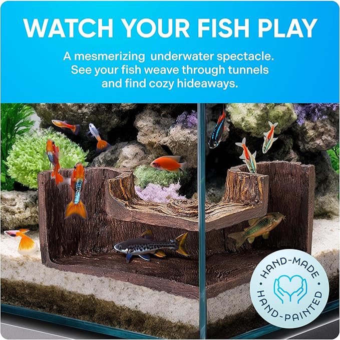 FISHNOSH Aquarium Cave | Natural-Looking Wood-Like BPA-Free Fish Tank Cave for Corners | 5.1” x 2” x 2.7” Fish Hideout for Aquarium | Guppy, Neon Tetra, Corydoras Catfish, Betta Hide | Tank Decor