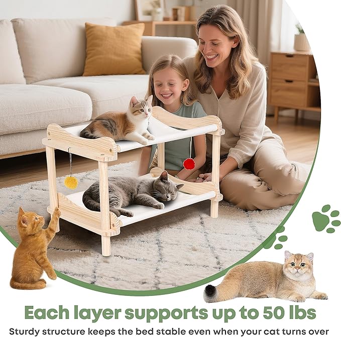 2-Layer Cat Hammock Bed, 24"x15.7"x16.3" Elevated Cat Bed with Pine Wood Frame, Breathable Washable Covers, Wooden Pet Furniture for Indoor Cats and Small Animals(White-2)