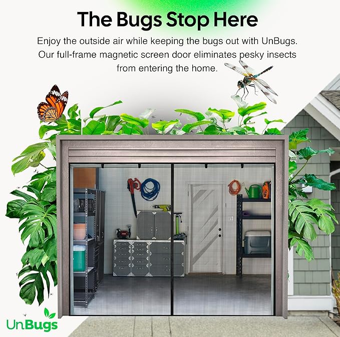 UnBugs Garage Screen Doors for 1 Car Garage - Fits Single Garage Doors up to 8 Feet Wide x 7 Feet Tall MAX - Pet & Kid Friendly, Self-Closing - Hands Free Magnet Closure Keeps Bugs Out & Breeze in