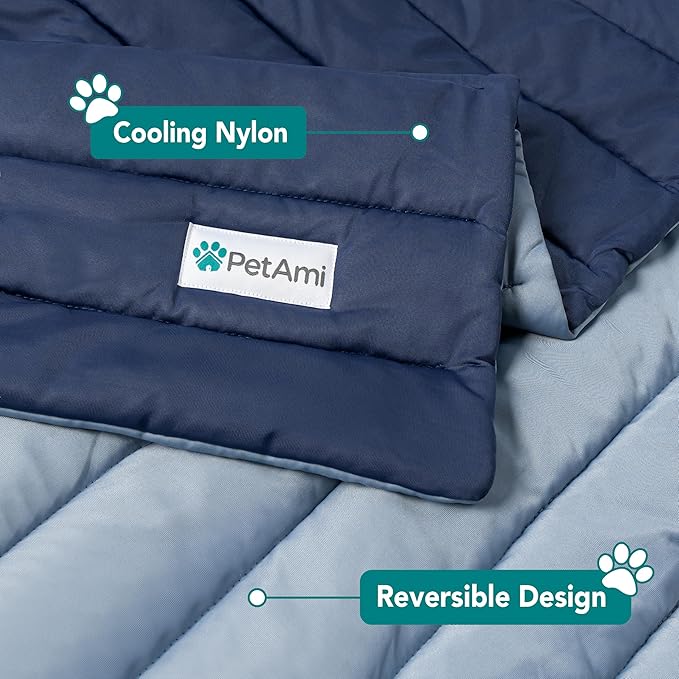 PetAmi Cooling Mat for Dog, Premium Pet Cooling Blanket for Crate Kennel, Indoor Cat Cool Sleeping Pad, Q-MAX Cold Sofa Couch Cover for Summer, Navy/Dusty Blue, Small (24x32)